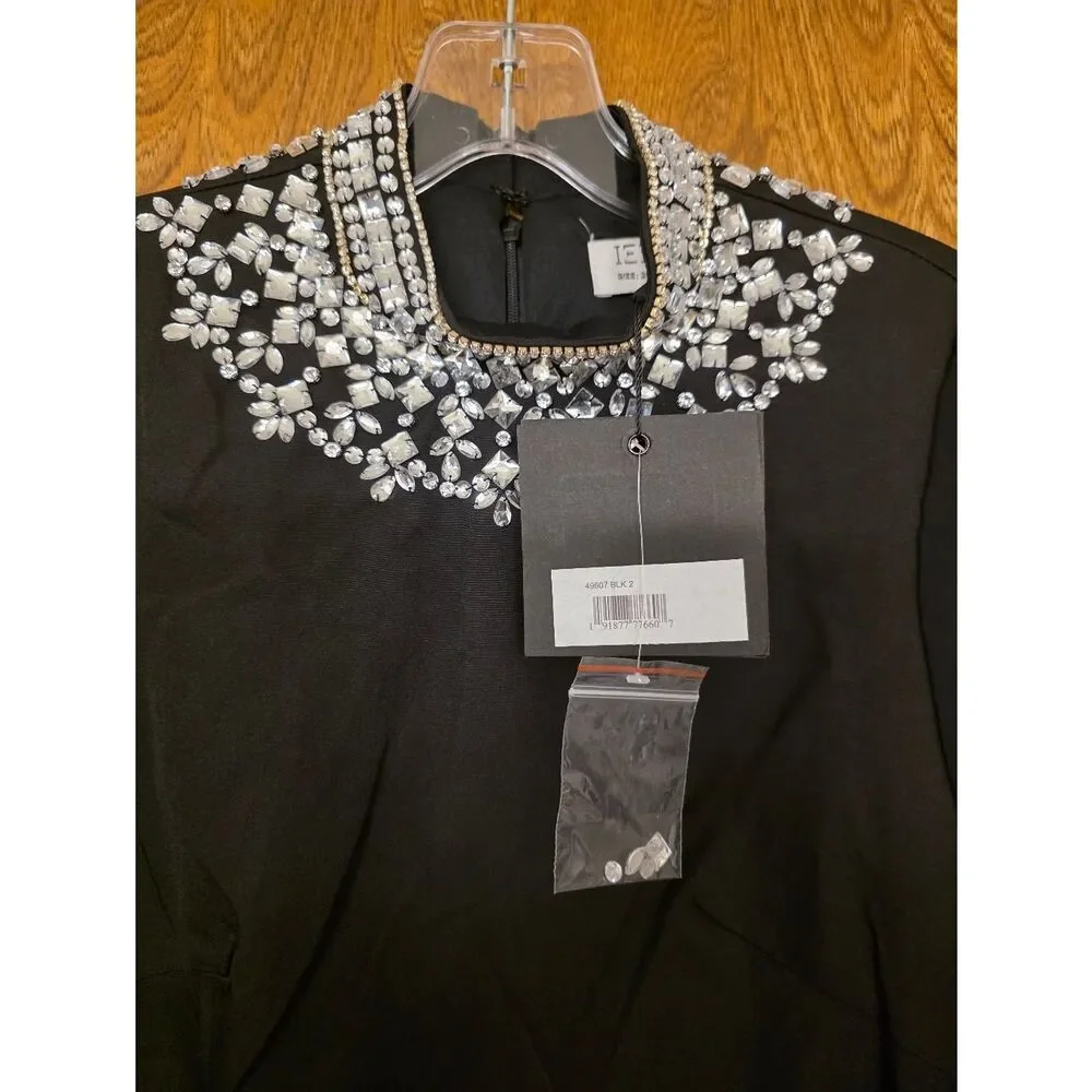 Mac Dugal Black Embellished Neck Bell-Sleeve Mini Dress SIZE 2 NWT 59607